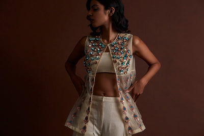 Ivory Tulle Pants and Jacket Set - BHUMIKA SHARMA
