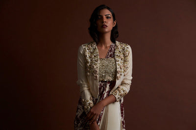 Ivory Printed Saree and Jacket - BHUMIKA SHARMA