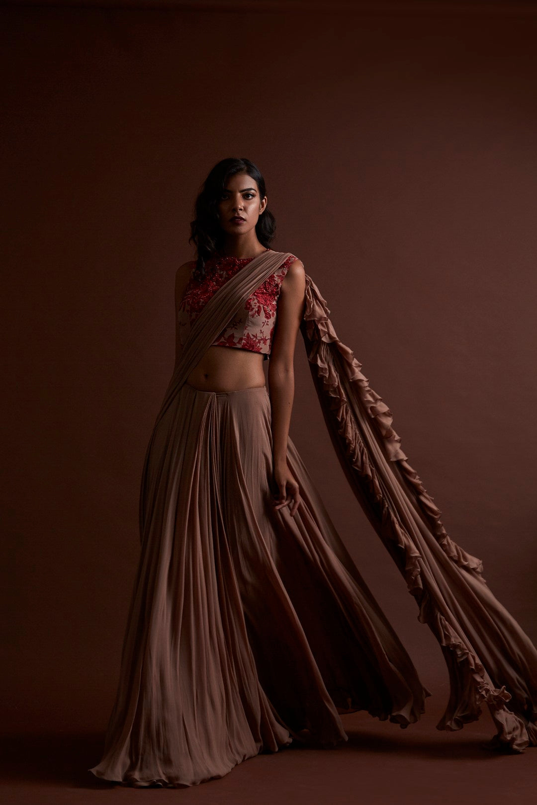 Nude Frill Saree with Floral Blouse - BHUMIKA SHARMA