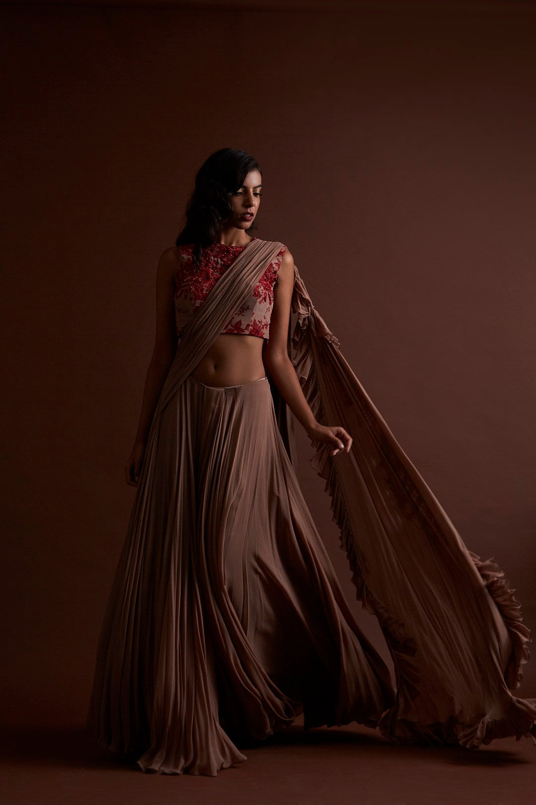Nude Frill Saree with Floral Blouse - BHUMIKA SHARMA