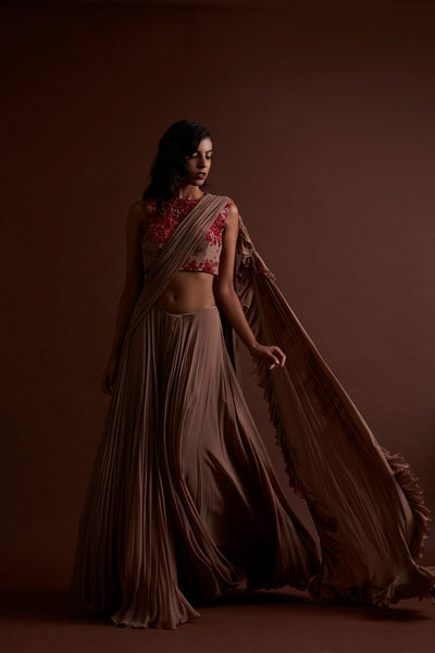 Nude Frill Saree with Floral Blouse - BHUMIKA SHARMA