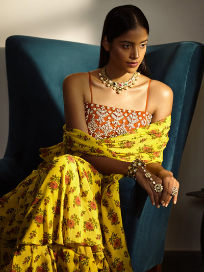 Yellow Three Layered Printed Ruffle Saree - BHUMIKA SHARMA