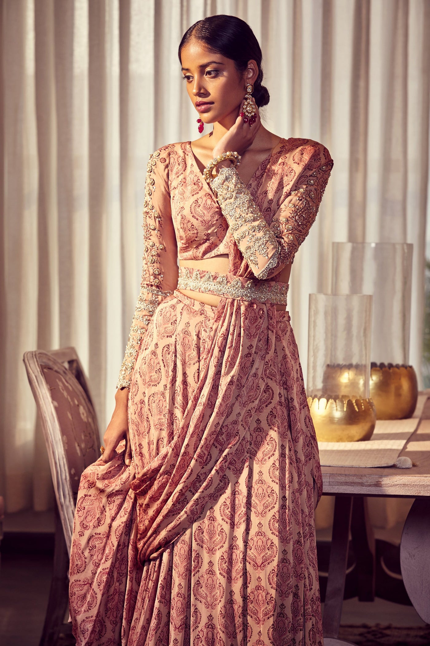 Earthy Pink Pre -Stitched Drape Saree with a Belt