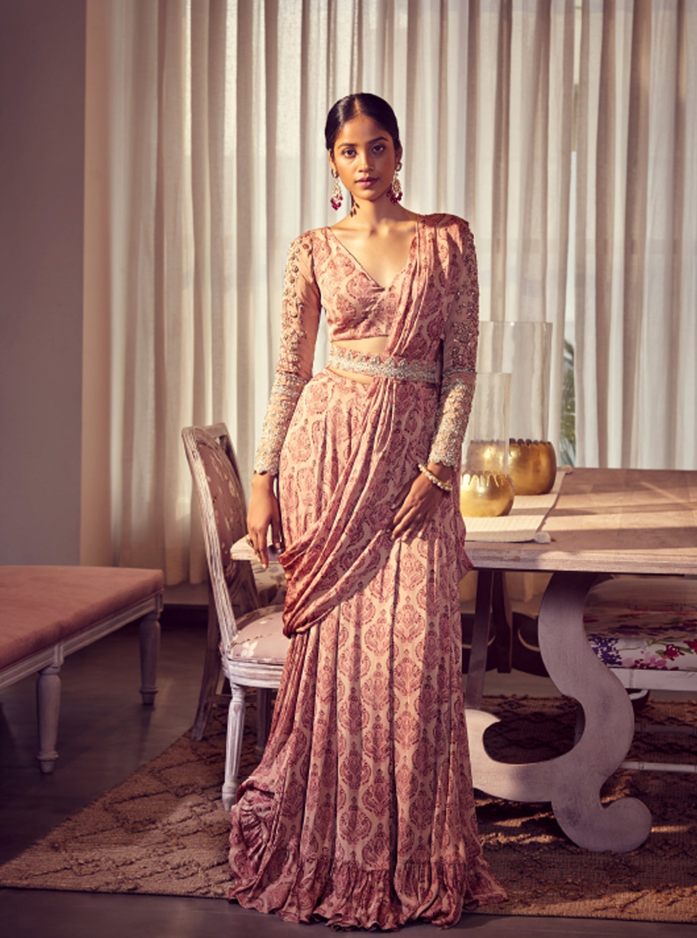 Earthy Pink Pre -Stitched Drape Saree with a Belt - BHUMIKA SHARMA