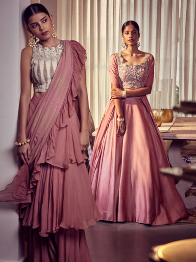 Earthy Pink  Gold Foil Printed Three Layered Saree - BHUMIKA SHARMA