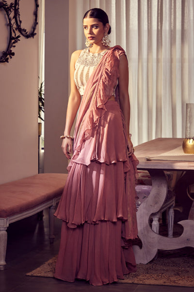 Earthy Pink Gold Foil Printed Three Layered Saree