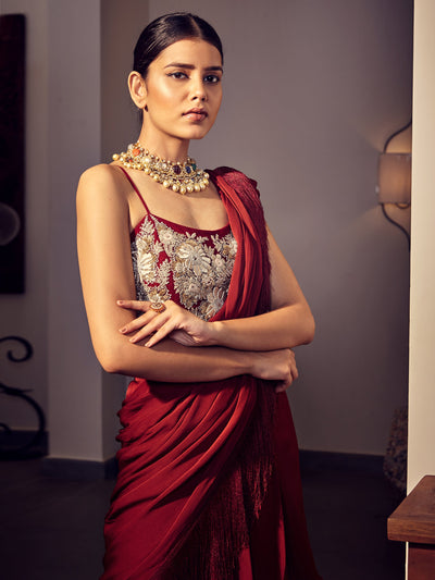 Burgundy Three Layered Fringe Saree - BHUMIKA SHARMA
