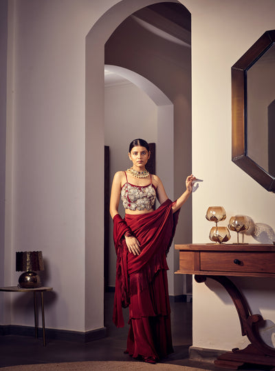 Burgundy Three Layered Fringe Saree - BHUMIKA SHARMA