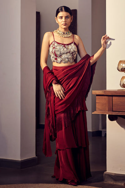 Burgundy Three Layered Fringe Saree