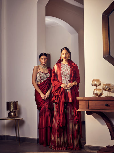 Burgundy Printed Kurta & Garara Set - BHUMIKA SHARMA