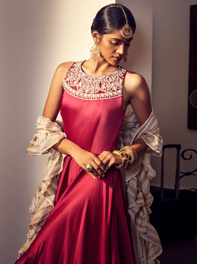 Rose Pink Anarkali With An Ivory Dupatta - BHUMIKA SHARMA