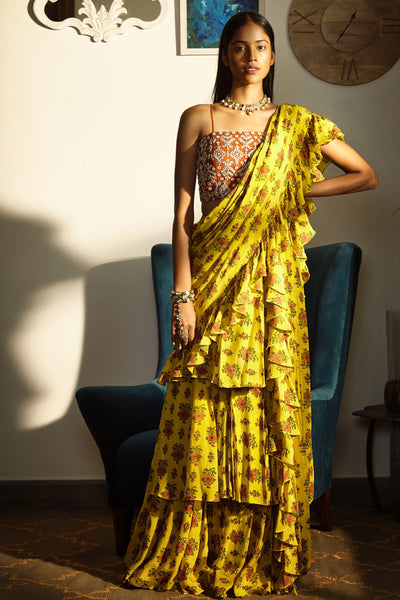 Yellow Three Layered Printed Ruffle Saree