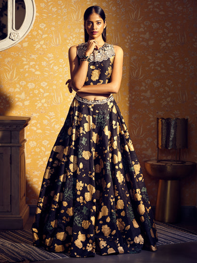 Black Gold Foil Print Lehenga Set - BHUMIKA SHARMA
