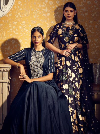 Black Gold Foil Print Anarkali - BHUMIKA SHARMA