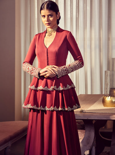 Burgundy Double Peplum Embroidered Anarkali - BHUMIKA SHARMA