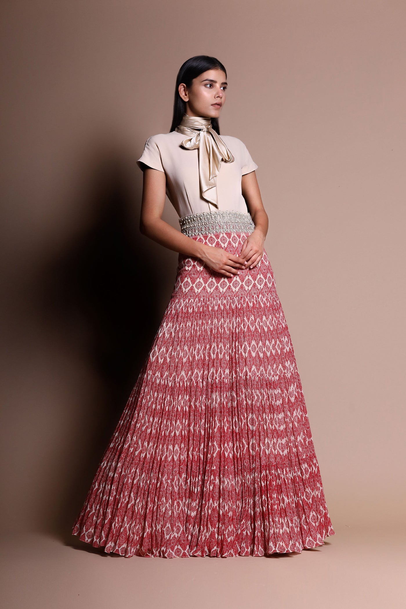 Pleated Printed Dress With Ivory Wrap Around Yoke And Pearl Embellished Belt - BHUMIKA SHARMA