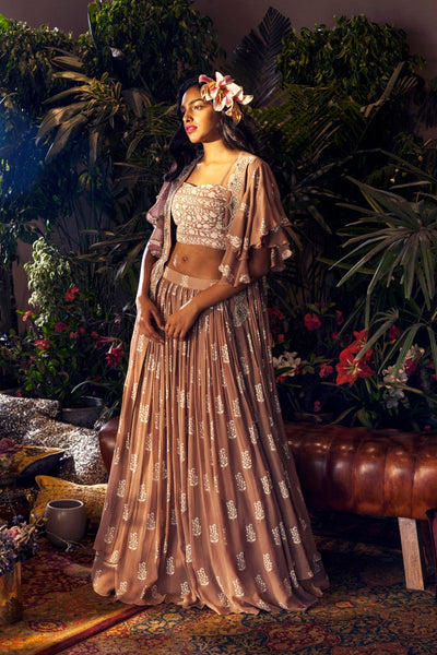 Printed Embroidered Cape with Bustier and Skirt - BHUMIKA SHARMA