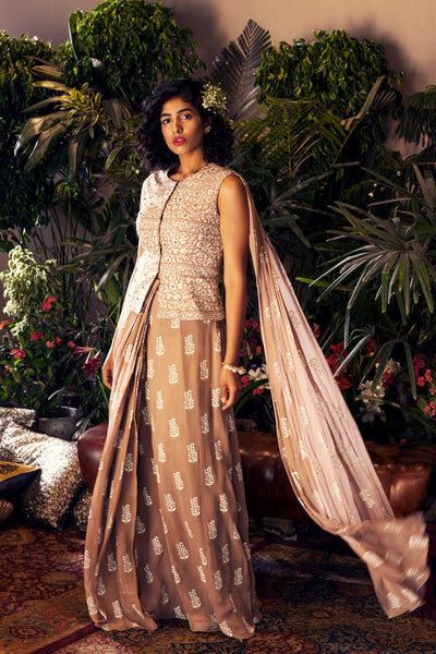 Printed Embellished Jacket Blouse with Draped Saree - BHUMIKA SHARMA