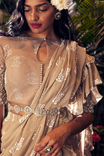 Light Beige Printed Frill Saree Set with Embroidered Belt - BHUMIKA SHARMA