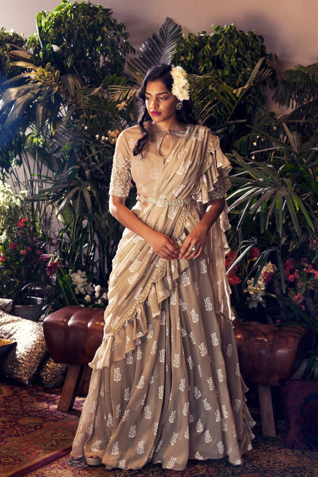 Light Beige Printed Frill Saree Set with Embroidered Belt - BHUMIKA SHARMA
