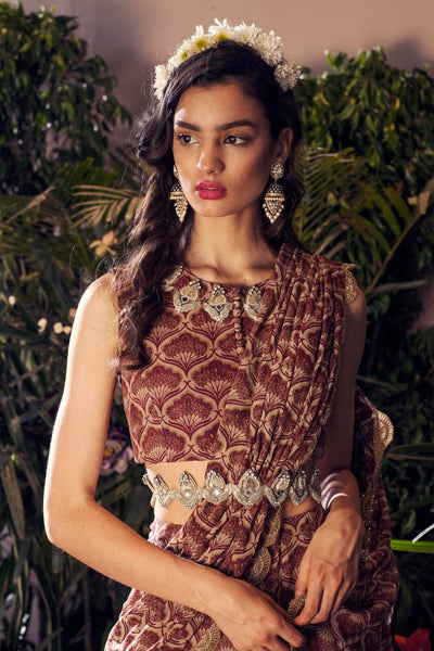 Maroon Leaf Print Frill Saree Set with Embroidered Belt - BHUMIKA SHARMA