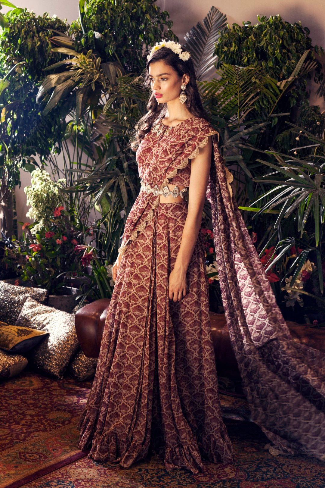Maroon Leaf Print Frill Saree Set with Embroidered Belt - BHUMIKA SHARMA