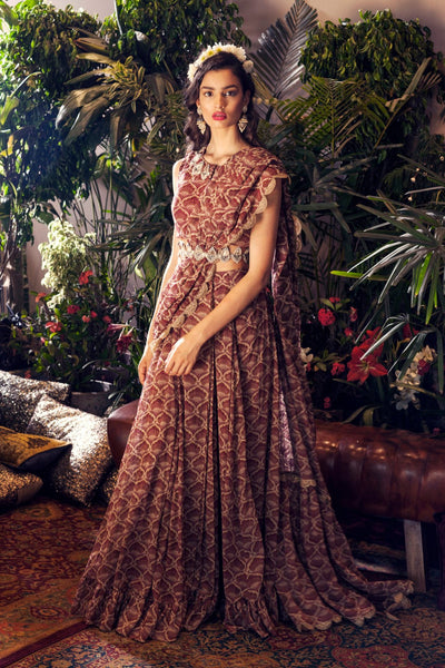 Maroon Leaf Print Frill Saree Set with Embroidered Belt - BHUMIKA SHARMA
