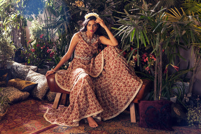 Maroon Leaf Print Peplum Kurta with Garara - BHUMIKA SHARMA