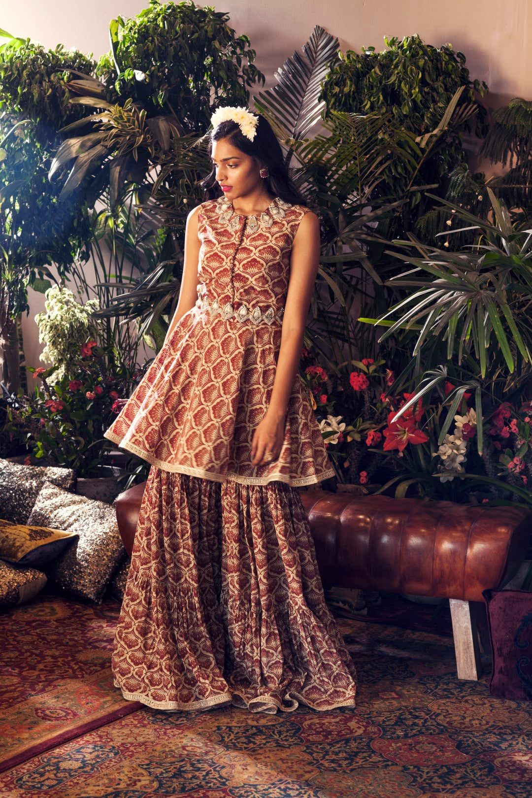 Maroon Leaf Print Peplum Kurta with Garara - BHUMIKA SHARMA