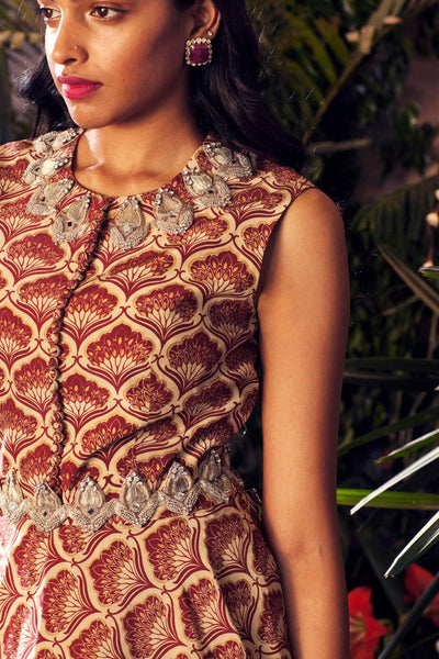 Maroon Leaf Print Peplum Kurta with Garara - BHUMIKA SHARMA