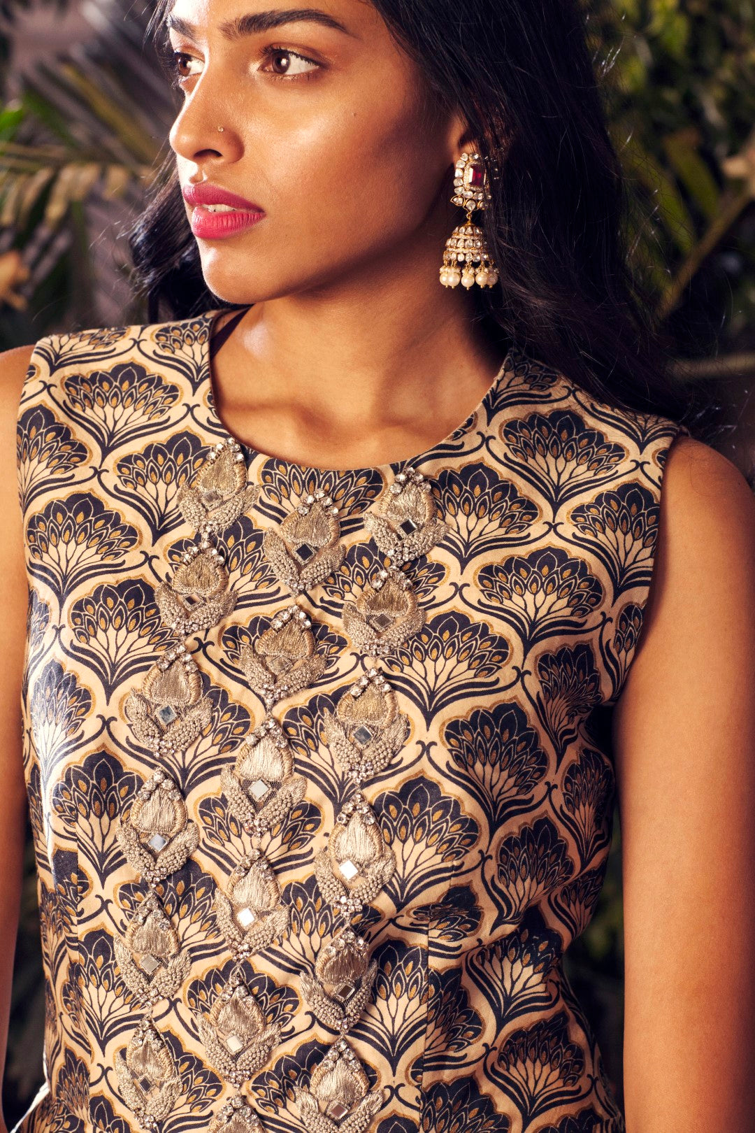 Blue Leaf Print Front Embroidered Anarkali Set - BHUMIKA SHARMA
