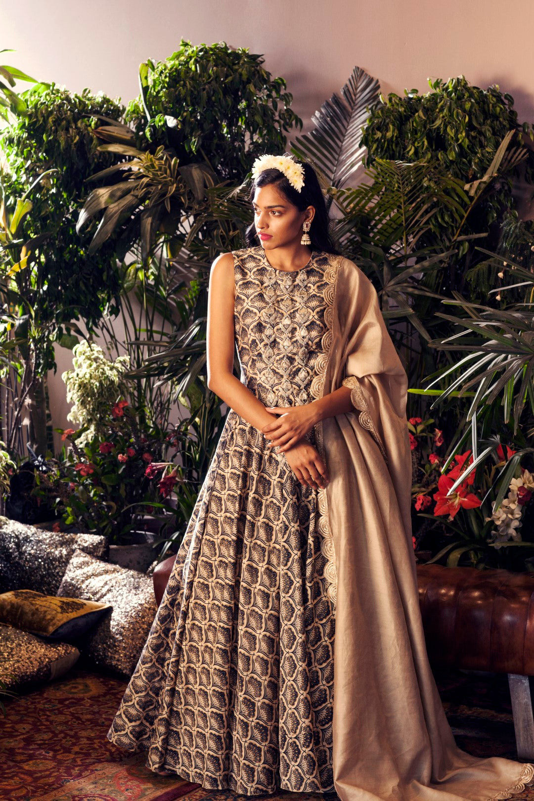 Blue Leaf Print Front Embroidered Anarkali Set - BHUMIKA SHARMA