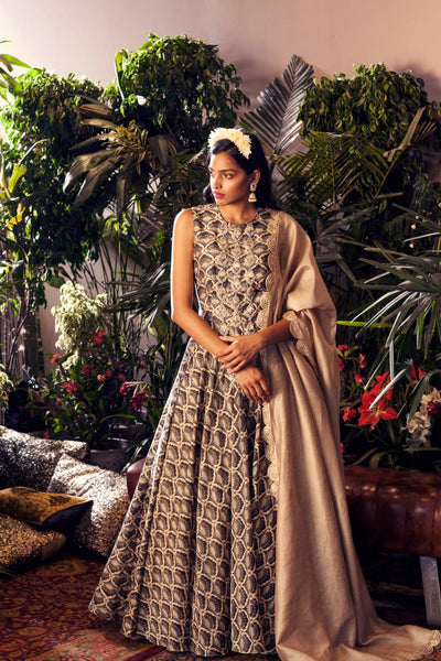 Blue Leaf Print Front Embroidered Anarkali Set - BHUMIKA SHARMA