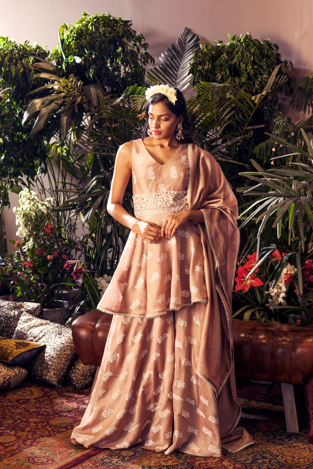 Beige Printed Embellished Waist Kurta and Palazzo Set - BHUMIKA SHARMA