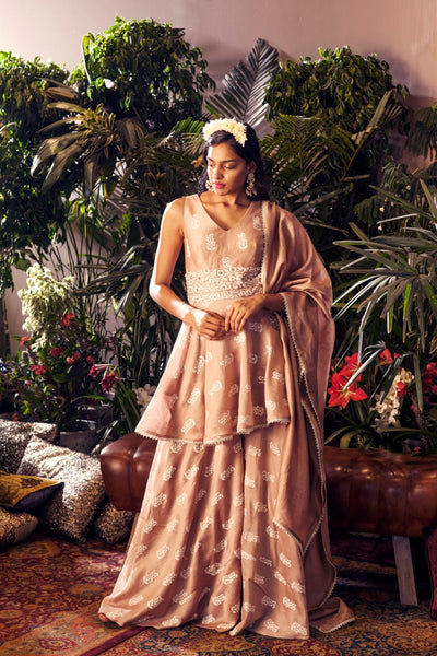 Beige Printed Embellished Waist Kurta and Palazzo Set - BHUMIKA SHARMA