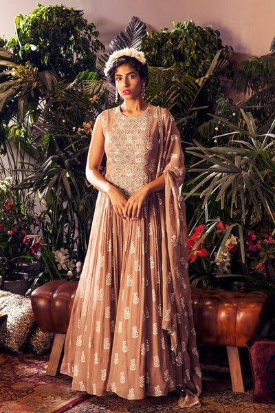 Beige Printed Embroidered Anarkali set - BHUMIKA SHARMA