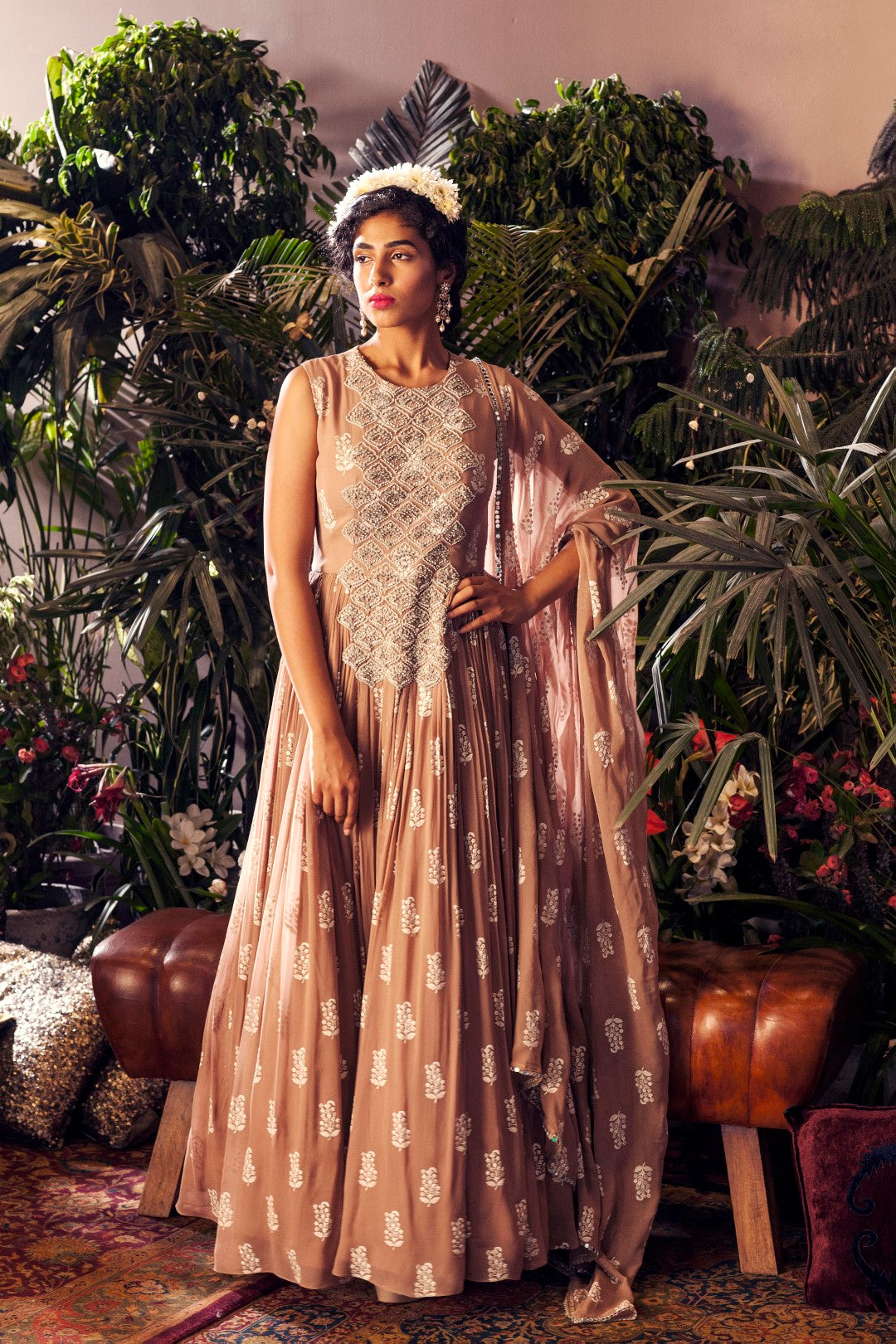 Beige Printed Embroidered Anarkali set - BHUMIKA SHARMA