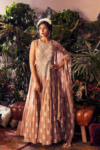 Beige Printed Embroidered Anarkali set - BHUMIKA SHARMA