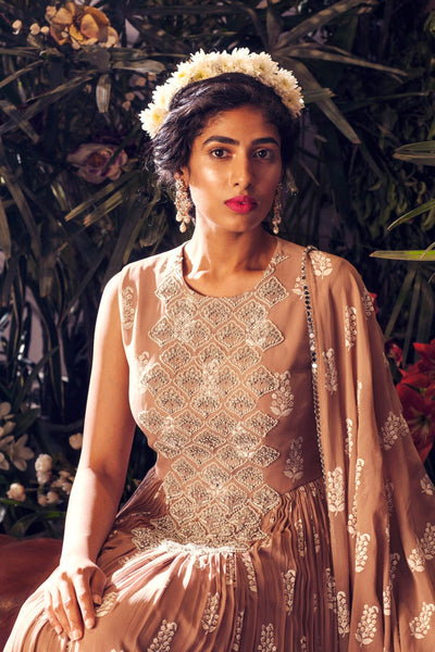 Beige Printed Embroidered Anarkali set - BHUMIKA SHARMA