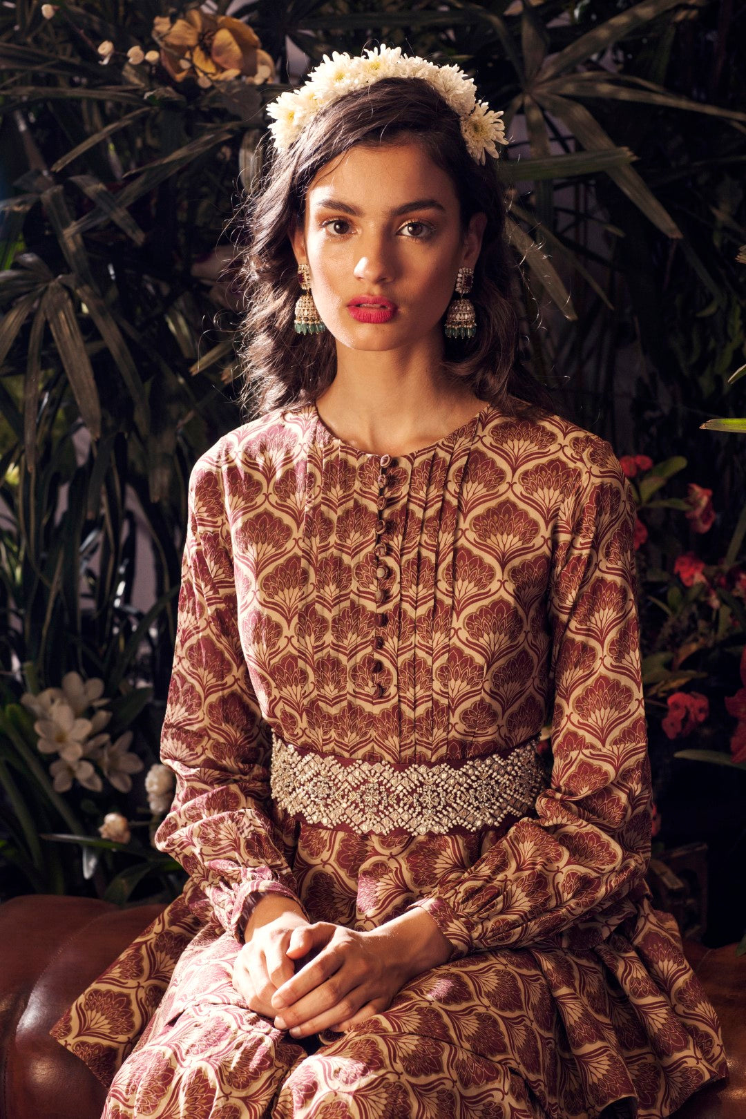Maroon Leaf Print Double Peplum Gown With Embellished Belt - BHUMIKA SHARMA