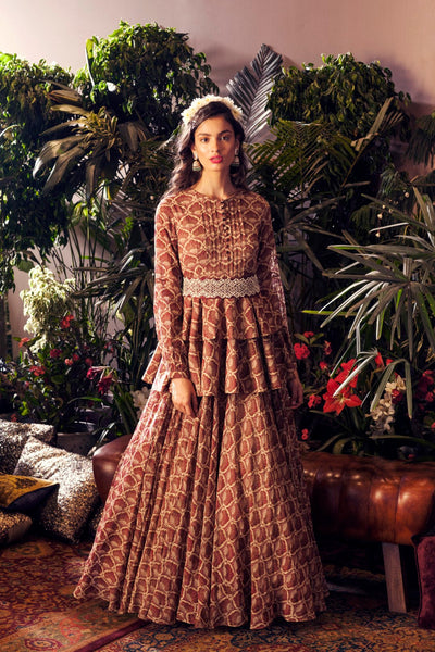 Maroon Leaf Print Double Peplum Gown With Embellished Belt - BHUMIKA SHARMA