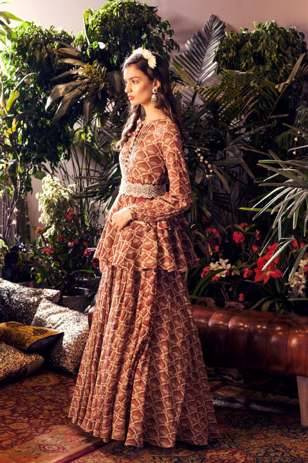 Maroon Leaf Print Double Peplum Gown With Embellished Belt - BHUMIKA SHARMA