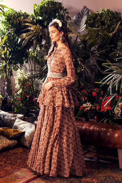 Maroon Leaf Print Double Peplum Gown With Embellished Belt - BHUMIKA SHARMA