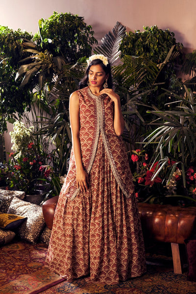 Maroon Leaf Print Embroidered Cape with Skirt - BHUMIKA SHARMA