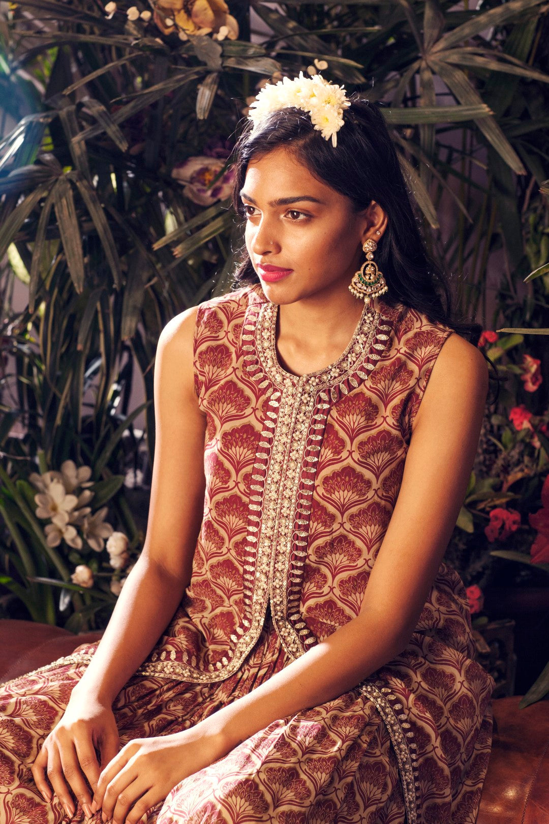 Maroon Leaf Print Embroidered Cape with Skirt - BHUMIKA SHARMA