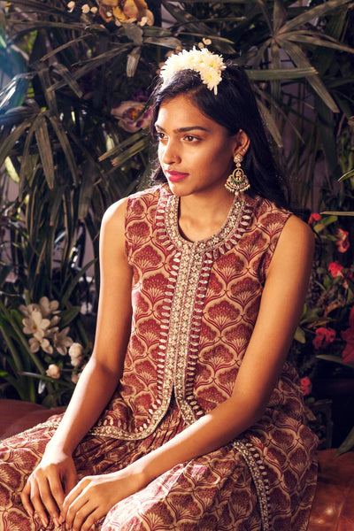 Maroon Leaf Print Embroidered Cape with Skirt - BHUMIKA SHARMA