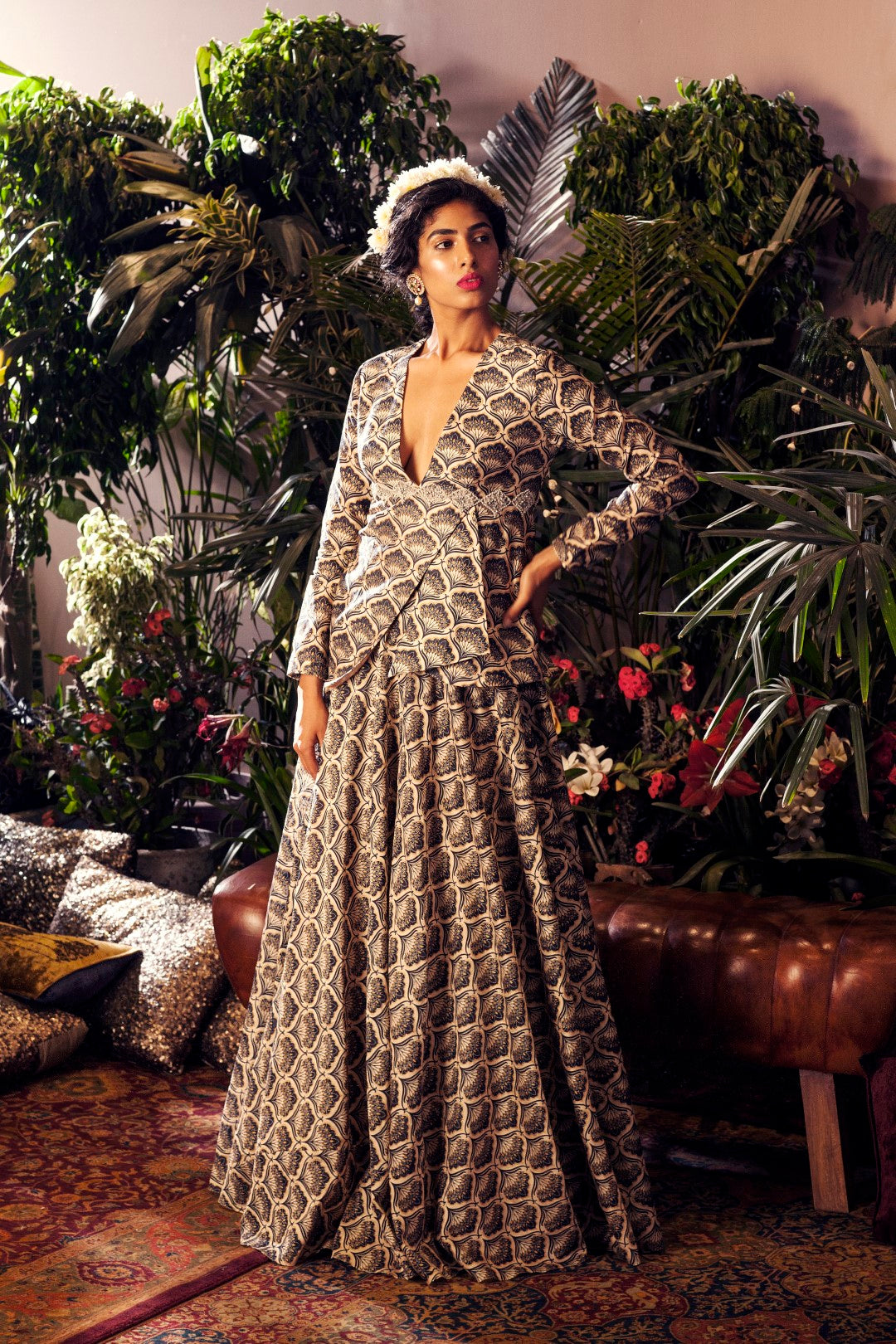 Blue Leaf Print Uneven Top With Skirt - BHUMIKA SHARMA