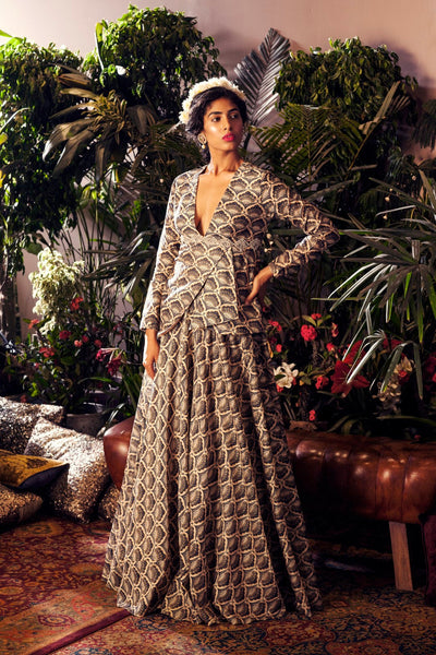 Blue Leaf Print Uneven Top With Skirt - BHUMIKA SHARMA