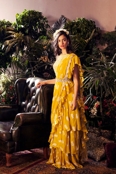 Yellow Printed Layered Sari Set With Embroidered Belt - BHUMIKA SHARMA