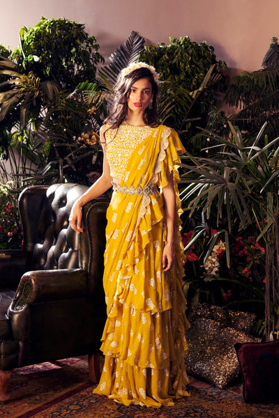 Yellow Printed Layered Sari Set With Embroidered Belt - BHUMIKA SHARMA